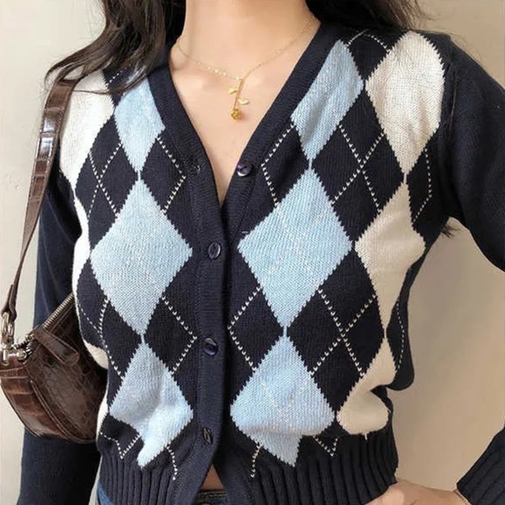 Brandy Melville Elizabeth Argyle Sweater Cardigan Navy Blue White